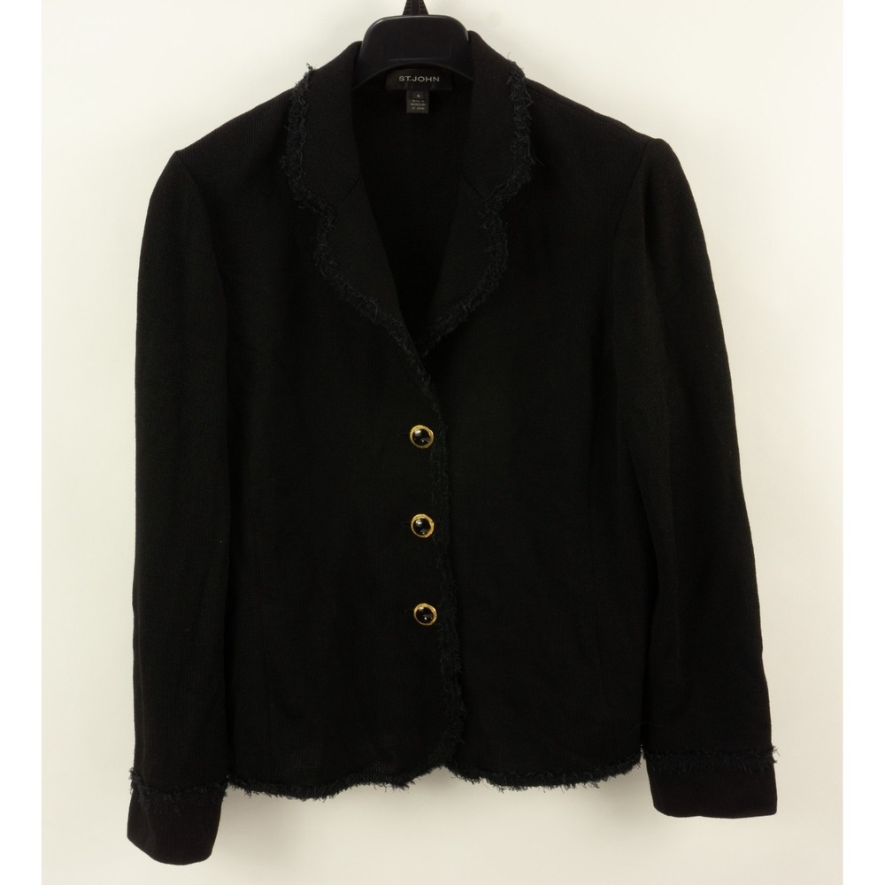 ST John Fringe Trim Knit Wool Coat Evening Jacket Womens 18 Black Gold Button